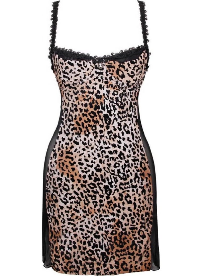 Magic Form 8290 Velvet Leopard Patterned Fabric Low-cut Breast Bra Nightgown - Leo Brown - Image 1
